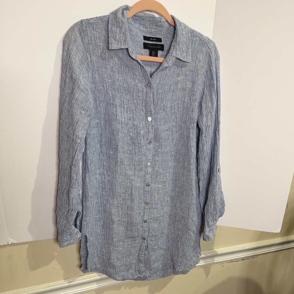 Tahari Womens Blue 100% Linen Long Sleeve Button Down Tunic Top Small